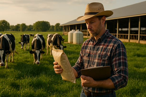 Dairy farmer in straw hat inspecting livestock feed bag beside Holstein cows grazing in a green pasture near a modern barn