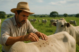 Farmer in rural Brazil inspecting a cow's back for parasites in a grassy pasture under daylight, with other cattle grazing nearby.